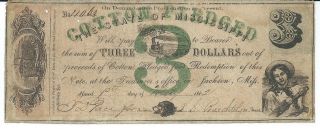 Obsolete Currency State Of Mississippi Jackson $3 Bank Note 1862 Cr19r5 11063 photo