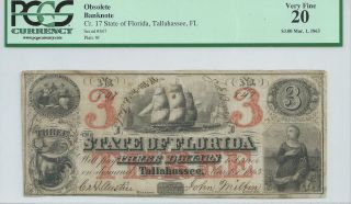 Obsolete Currency Florida Tallahassee $3 Bank Note Issued 1863 Pcgs Cr17 847 photo
