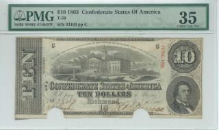 Csa 1863 Confederate Currency T59 $10 Note Pmg35 Vf Punch Cancelled 33163 photo
