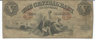 Obsolete Currency Alabama Montgomery Central Bank $5.  Issued 1859 Fine+ Platea photo