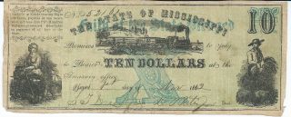Obsolete Currency State Of Mississippi Jackson $10 Note 1862 Cr40 Blue 52161 photo
