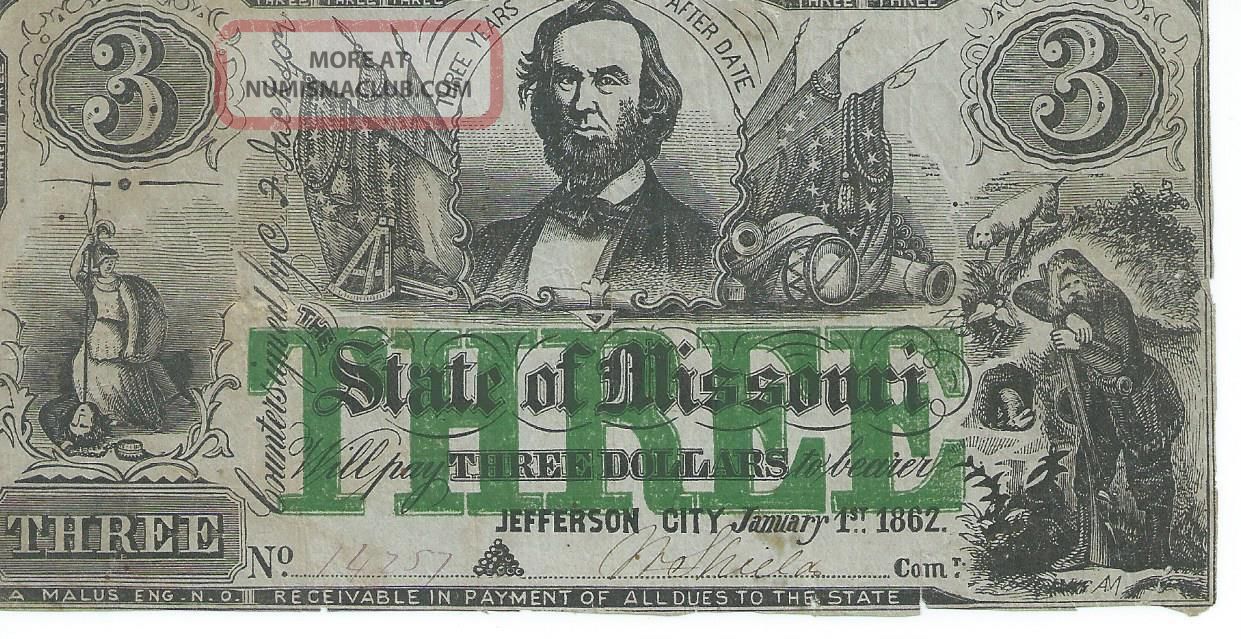 Obsolete Currency Missouri Jefferson City 1862 3 Bank Note