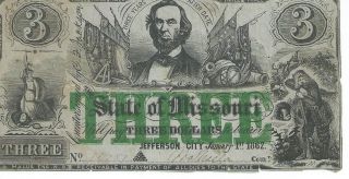 Obsolete Currency Missouri Jefferson City 1862 $3 Bank Note Countersigned 14257 photo