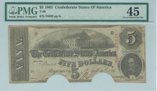 Csa 1863 Confederate Currency T60 $5 Note Pmg45 Xf Punch Cancelled 55659 photo