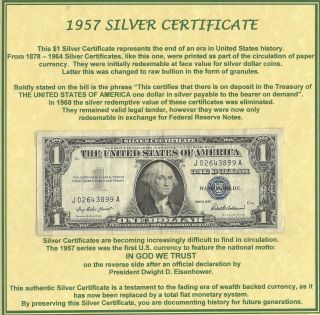 1957 Silver Certificate In Protective Photo Sheet With Historical Description photo
