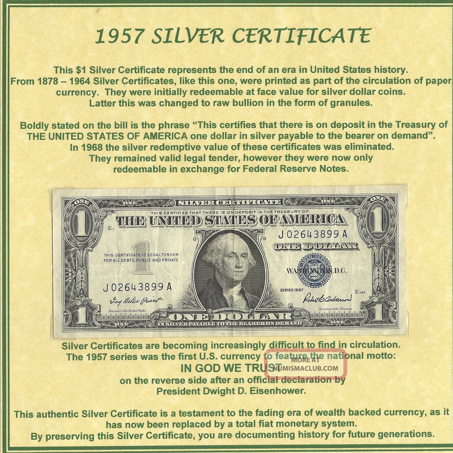 1957 Silver Certificate In Protective Photo Sheet With Historical