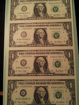 1 Dollar Uncut Sheet Of 4 Bills Unc 2001 Series Bureau Engraving Printing photo