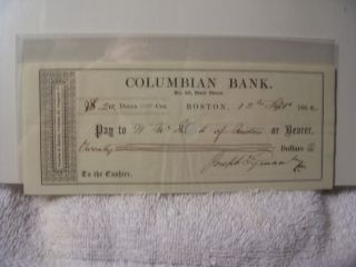 Obsolete Civil War Columbian Bank Check For $20.  1862 Boston Ma photo