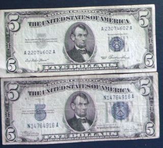 One 1953 $5 & One 1934c $5 Blue Seal Silver Certificate (n14764916a) photo