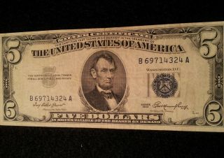 Five 5 Us Dollars Currency Silver Certificate 1953 Priest - Humphrey Fr 1655 Circ photo