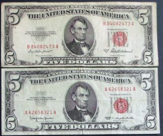 One 1953a $5 & One 1963 $5 Red Seal United States Note (a62658321a) photo