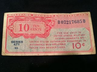 Ten 10 Cents 1947 Military Payment Certificate Series 471 Kl M9 Currency photo