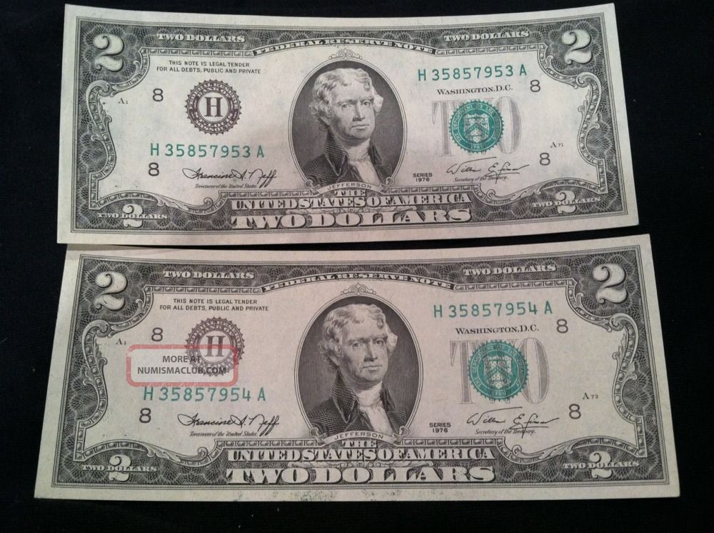 Two Dollar Bills In Sequence St Louis H Neff Simon Crisp Unc