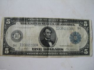 1914 Series $5 Dollar Bill Federal Reserve Bank Of Minneapolis Note photo