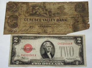 1863 Two Dollars Genesee Valley Bank & 1928d Two Dollars Red Seal photo