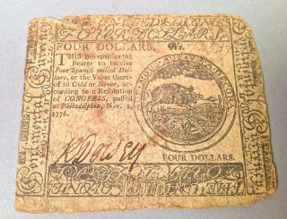 Continental Currency November 2,  1776 $4 Us Four Dollar Bill Signed C022 photo