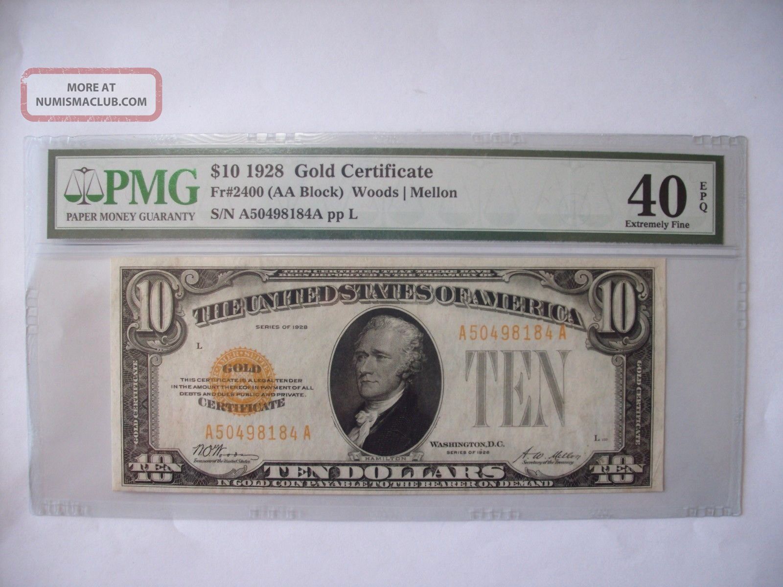1928 $10 Gold Certificate - Pmg Extremely Fine 40 Epq Small Size Notes photo