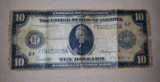1914 $10 Dollar Large Note Blue Seal Federal Reserve Note Atlanta Georgia 6 - F photo