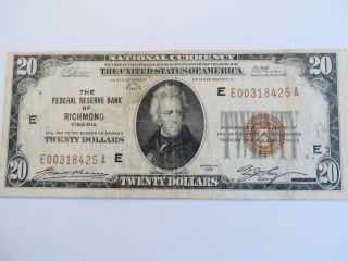 1929 $20 Federal Reserve Bank Of Richmond National Curreny Note,  Circulated photo