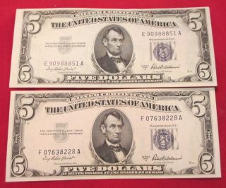 (2) $5 Five Dollar Silver Certificates Series 1953a photo