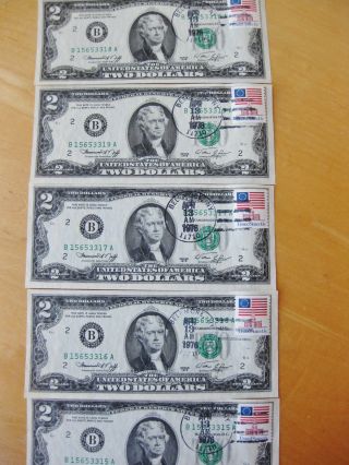 $2.  00 Bills 1976 Series 5 Consecutive Serial Numbers B Stamped 1st Day Issue photo