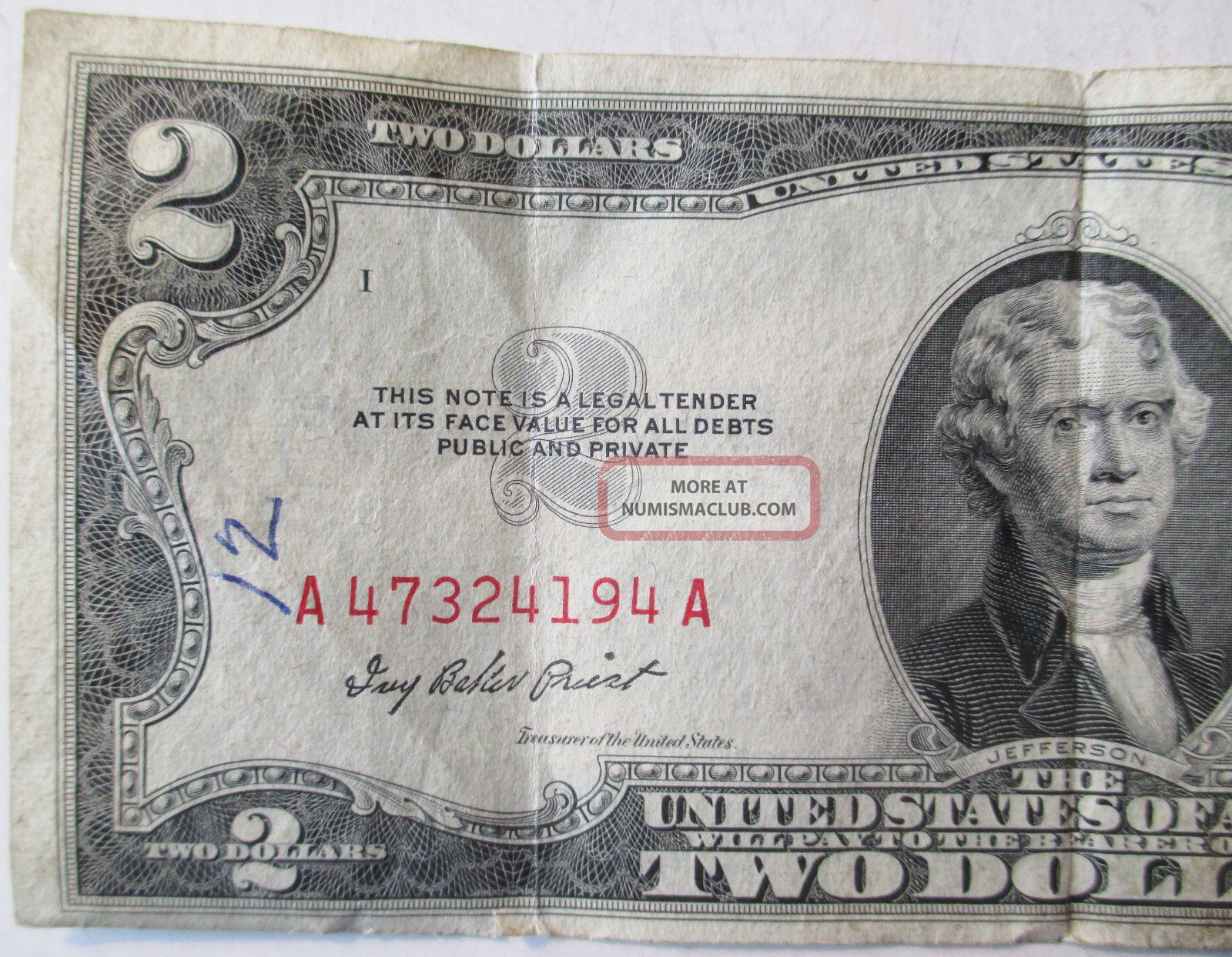 2 Dollar Jefferson Note With Red Seal 1953