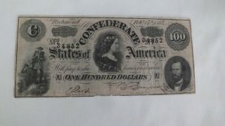 1864 $100 Richmond Confederate Note Series 1 photo
