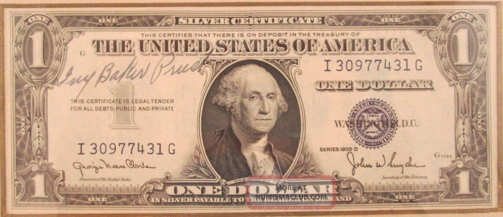 1935 D $1 Silver Certificate Courtesy Autograph By Us Treasurer Ivy