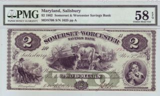 Somerset & Worcester Bank $2 - 1862 Salisbury,  Md - Pmg Graded Ch.  Unc 58epq photo