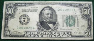 1928 Fifty Dollar Federal Reserve Note Grading Fine Chicago 0599a Pm8 photo