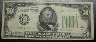 1934 Fifty Dollar Fed Reserve Note Chicago Grading Vf Lt Green Seal 7666a Pm7 photo