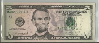 Uncirulated $5 Federal Reserve Note A1 Ma - 02245916a Boston Bill.  Paper Money photo