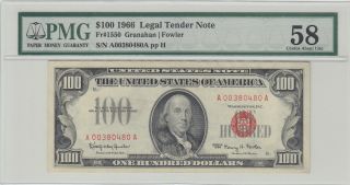 $100 - 1966 - Fr.  1550 Legal Tender Note By Pmg Choice About Uncirculated 58 photo