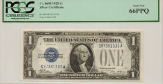 Fr.  1600 $1 1928 Silver Certificate.  Graded Gem 66ppq By Pcgs photo