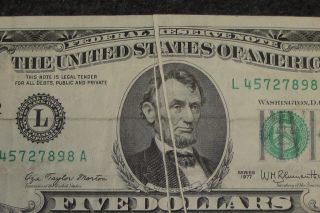 Multiple Gutter Folds On 1977 $5 Frn With 2 Gutter Folds Thru Lincolns Head photo