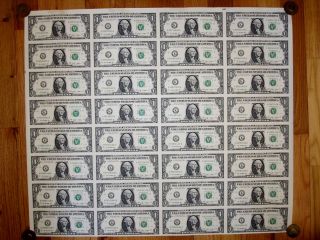 $1 Uncut Sheet 32 Bill Dollars 2009 Money Currency Real Dollar Usa photo