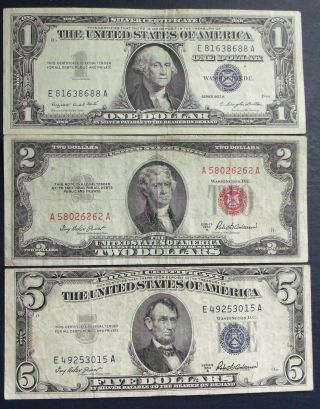 1957a $1 & 1953a $5 Silver Certificate + 1953a $2 United States Note (49253015a) photo