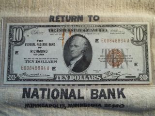 Fr 1860e 1929 $10 (richmond Federal Reserve) National Currency Brown Seal photo