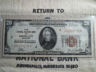 Fr 1870j 1929 $20 (kansas City Federal Reserve) National Currency Brown Seal photo