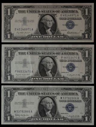 1957 One Dollar Silver Certificate Complete Series Crisp Lt Circulated Bills X3 photo