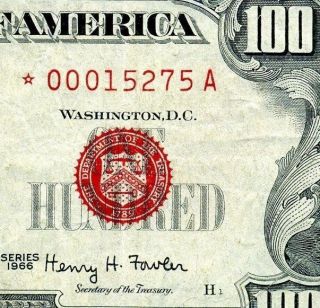 Extremely Hard To Find 1966 $100 Us Note Star Circulated 00015275a photo