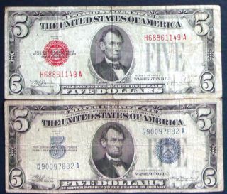 One 1928e $5 United States Note & One 1934a $5 Silver Certificate (g90097882a) photo