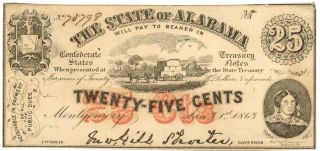 Montgomery,  Al - State Of Alabama 25¢ Jan.  1,  1863 Extremely Fine - + photo