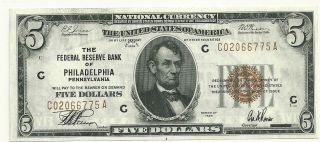 1929 $5 Dollar Bill Brown Seal From The Federal Reserve Bank Of Philadelphia photo