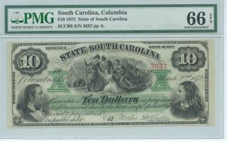 State Of South Carolina Revenue Scrip $10 1872 Pmg 66 Epq Columbia Plate A 3637 photo