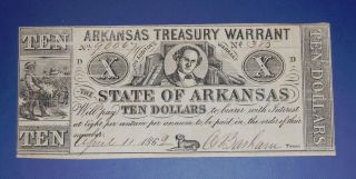 1862 $10 State Of Arkansas Treasury Warrant photo
