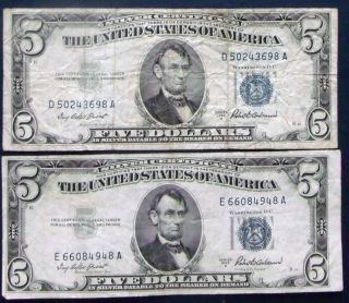 Two 1953a $5 Blue Seal Silver Certificates (e66084948a) photo