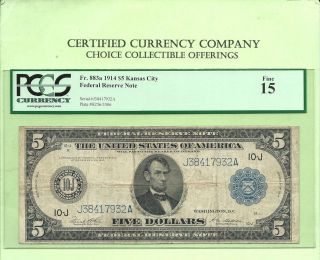 1914 $5 Kansas City Fr 883a Federal Reserve Note Pcgs Fine 15 photo