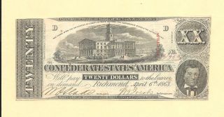 1863 $20 T - 58 Confederate Currency Civil War History Sharp Note photo