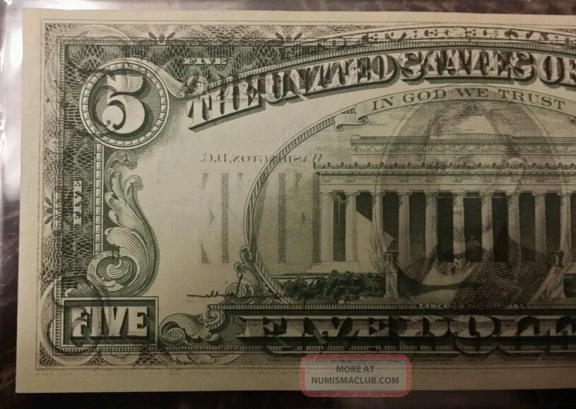1977 5 Dollar Bill Offset Transfer Error Federal Reserve Note Us Currency